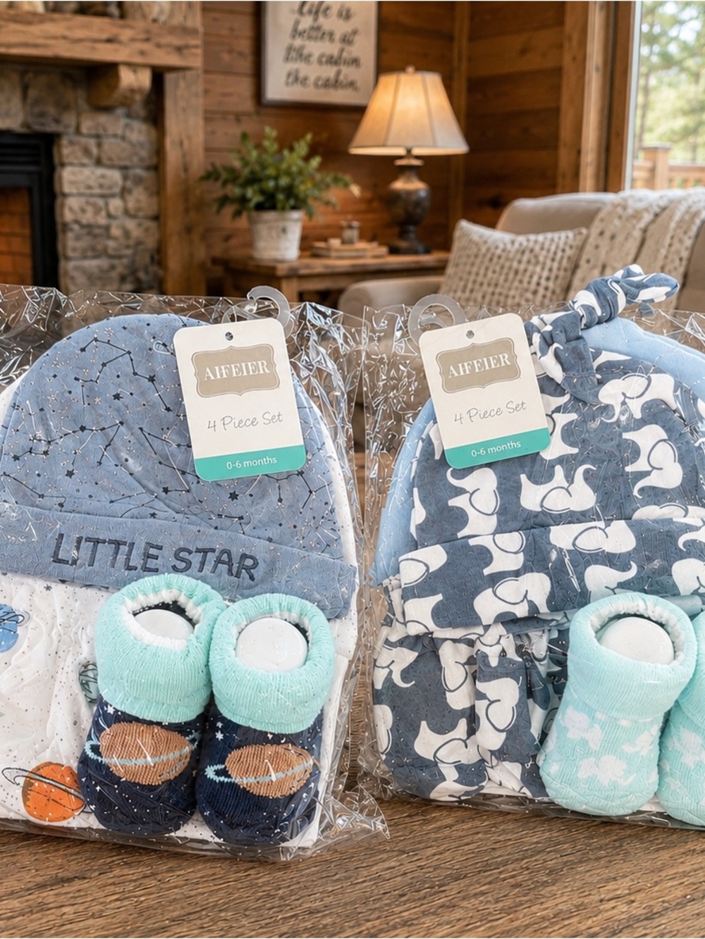 Two Baby 4-Piece Sets- Blue Mint Star & Elephant Designs